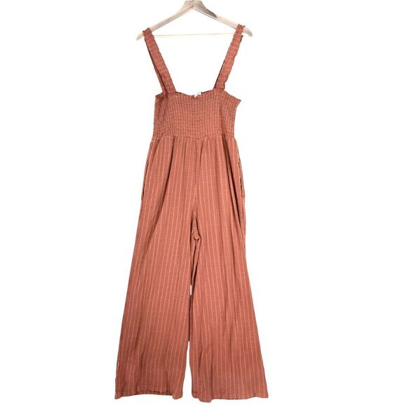 Roxy Adventure Bound Baked Clay Wide Leg Jumpsuit Size L Striped Linen Blend - Picture 3 of 6